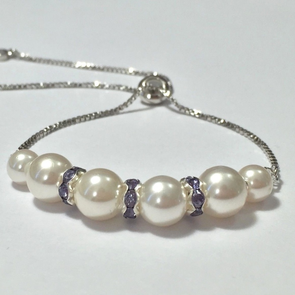 Ivory Glass Pearls w/ Rhinestone Bolo Bracelet